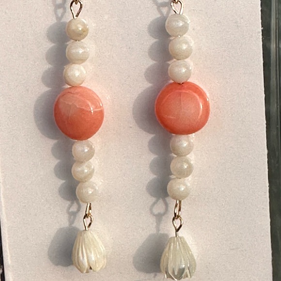 33A. Gold Filled Pink Coral & Mother of Pearl Pikake Bead Handmade Earrings - Picture 3 of 4